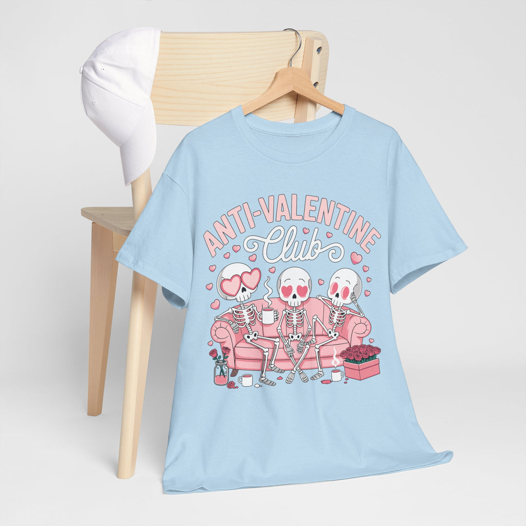 Anti-Valentine Club Skeleton Tee — Anti-Romance Pink Couch Graphic Unisex Cotton T-Shirt