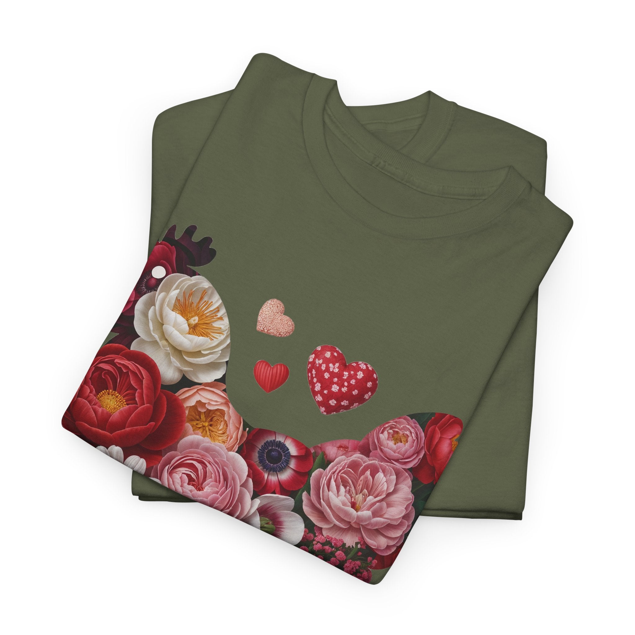Floral Chicken Heart Tee — Red & Pink Flower Silhouette Unisex Cotton Tee