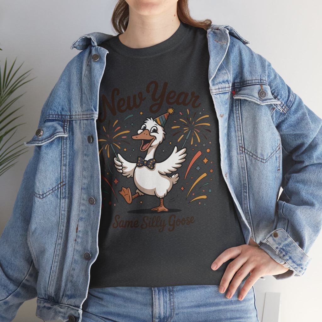Happy Goose New Year T-Shirt — Party Hat, Fireworks & Confetti Unisex Cotton Tee