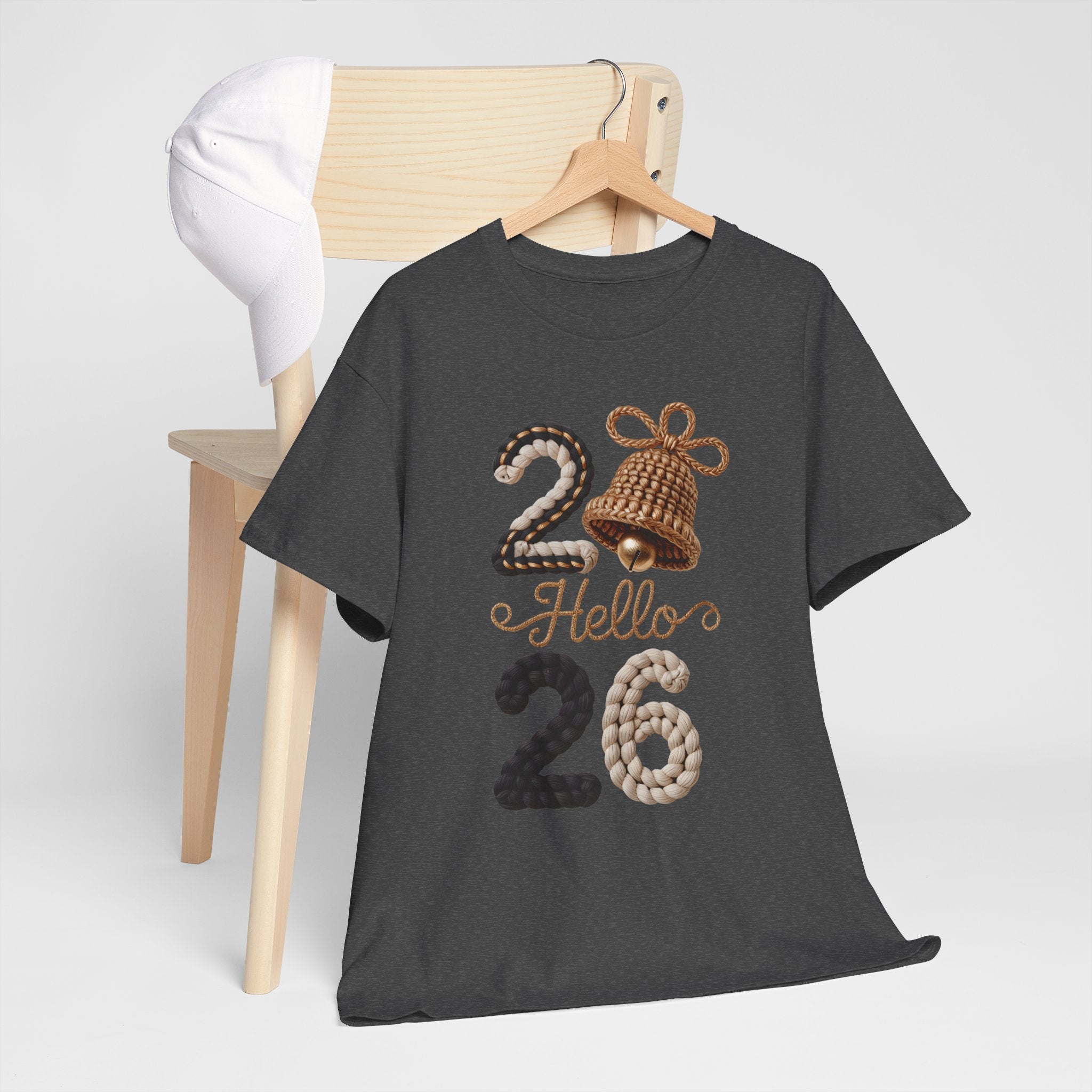 Hello 2026 Tee — Cozy Faux Yarn Braided Numbers with Woven Golden Bell..Unisex Cotton Tee