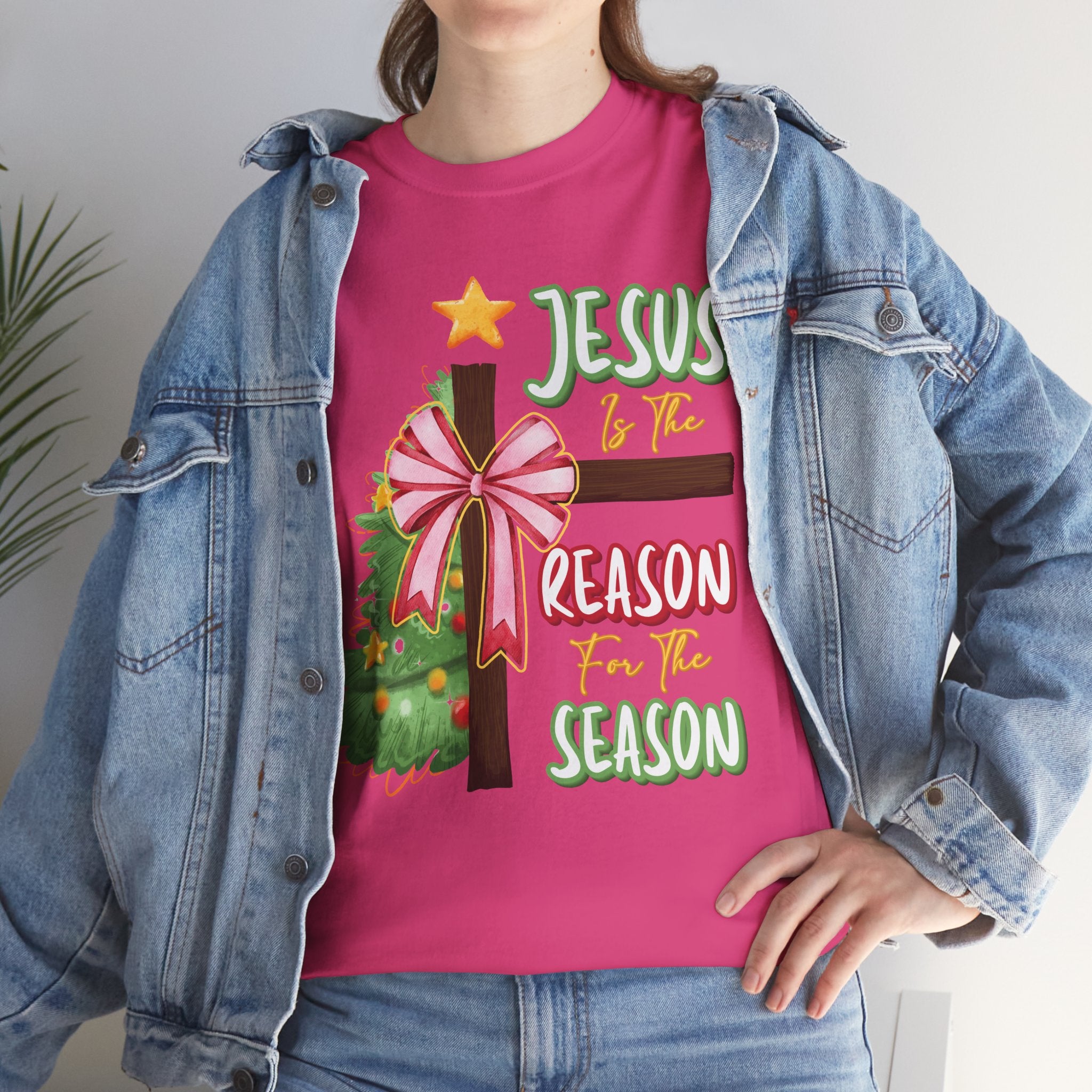 Jesus Is the Reason for the Season Christmas Tee — Cross with Pink Bow & Tree. Unisex Cotton Tee