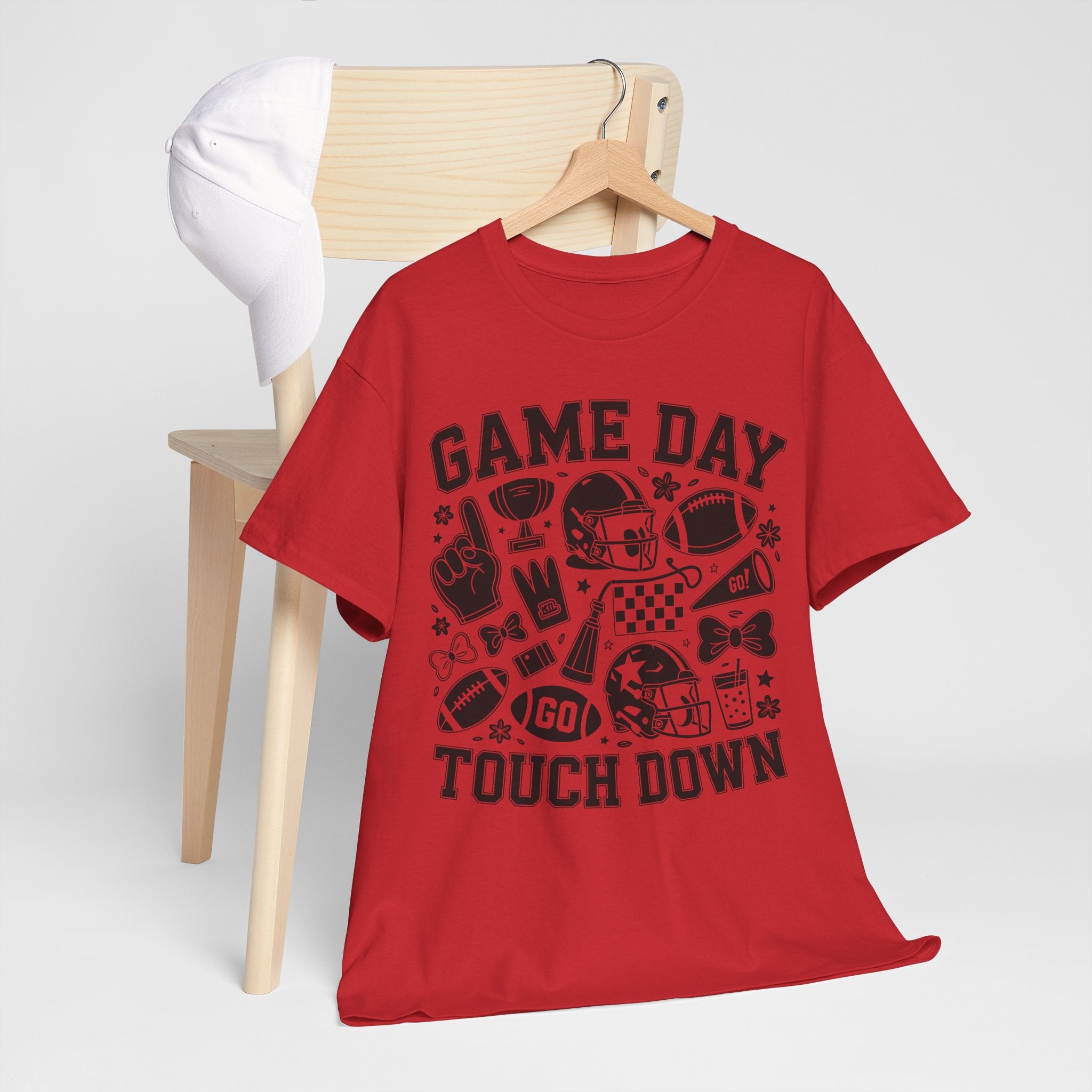 Game Day Touch Down Football T‑Shirt — Helmet & Cheer Monochrome Design Unisex Cotton Tee