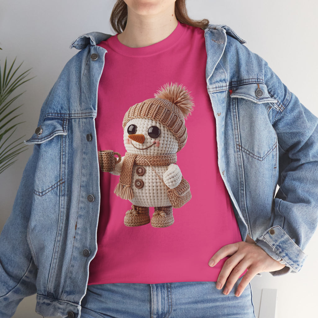 Cozy Snowman Tee — Smiling Snowman with Mug, Scarf & Beanie. Unisex Cotton Tee
