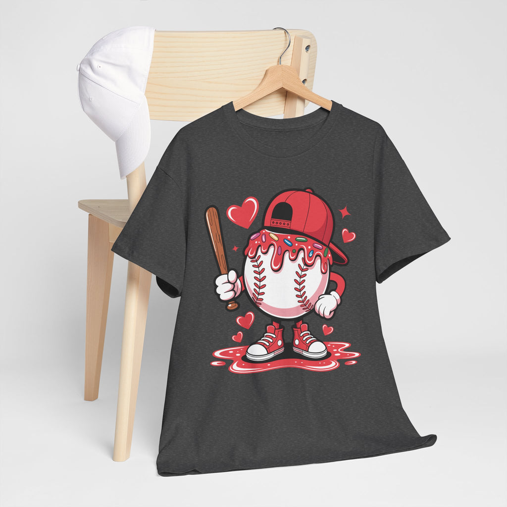 Cute Baseball Character T-Shirt — Red Cap & Icing Top Graphic with Hearts Unisex Cotton Tee
