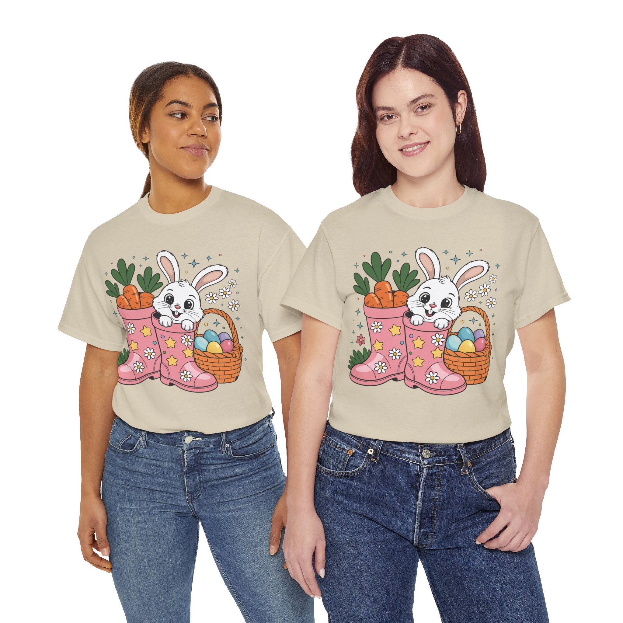 Easter Bunny in Pink Rain Boots T-Shirt — Cartoon Bunny, Carrots & Colorful Eggs Unisex Cotton Tee