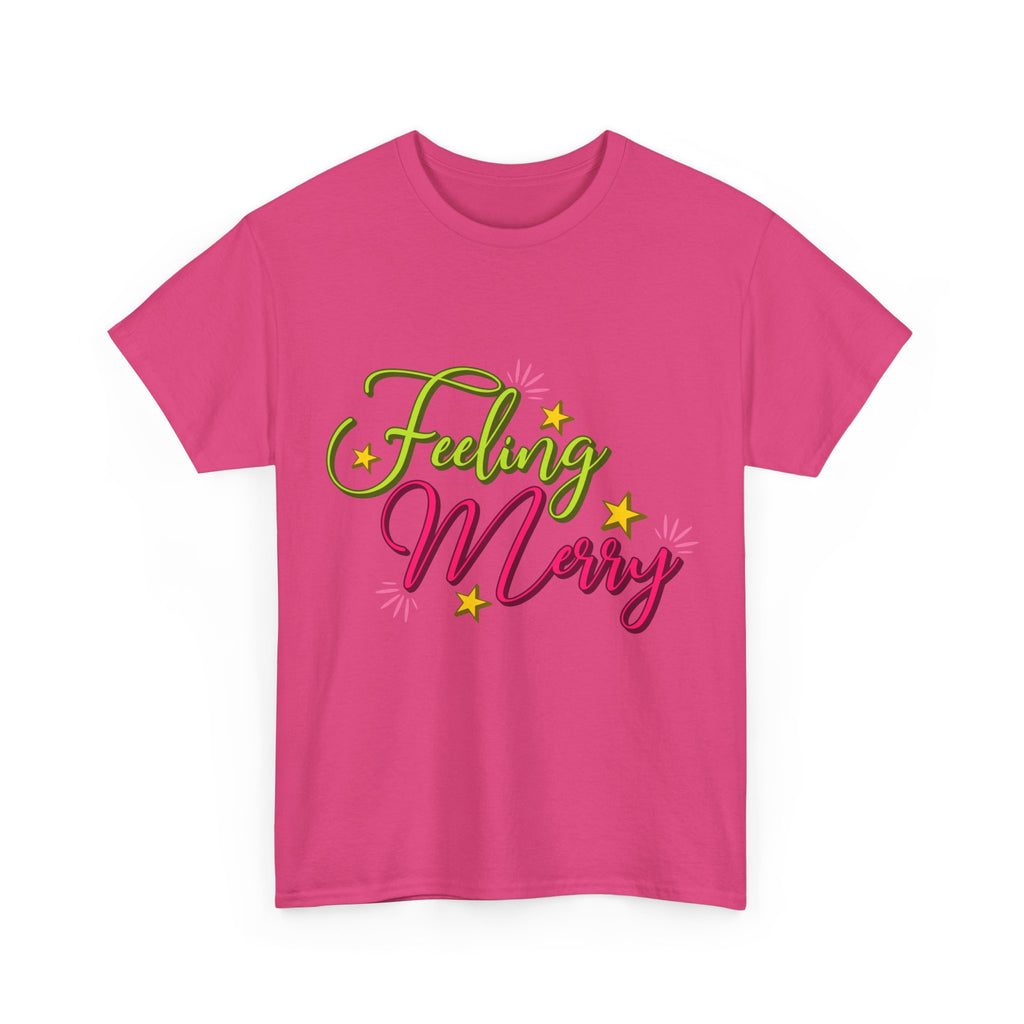 Feeling Merry T-Shirt — Bright Green & Pink Holiday Tee with Stars.Unisex Cotton Tee