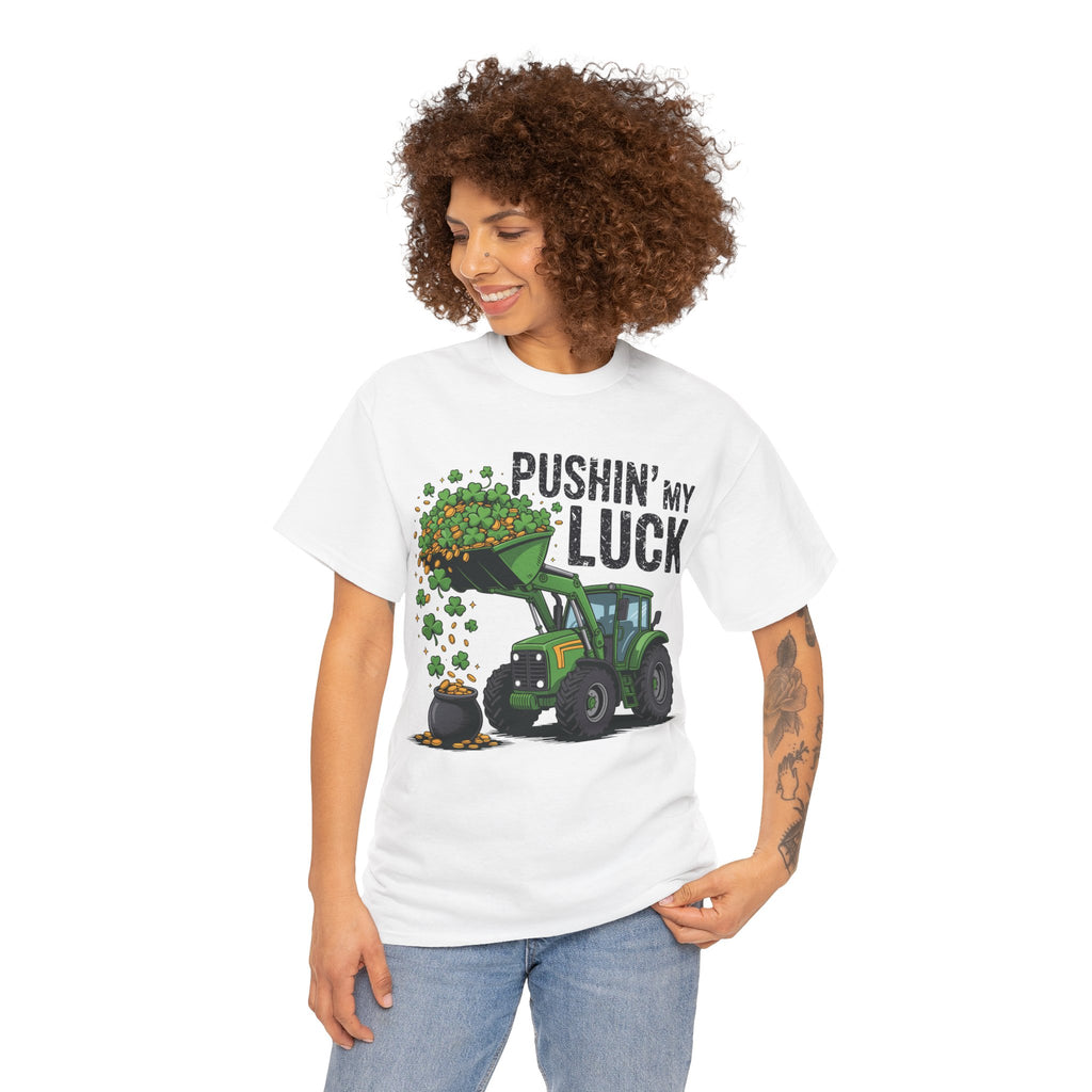 Pushin' My Luck Shamrock Tractor Tee — St. Patrick's Day Unisex Cotton T-Shirt