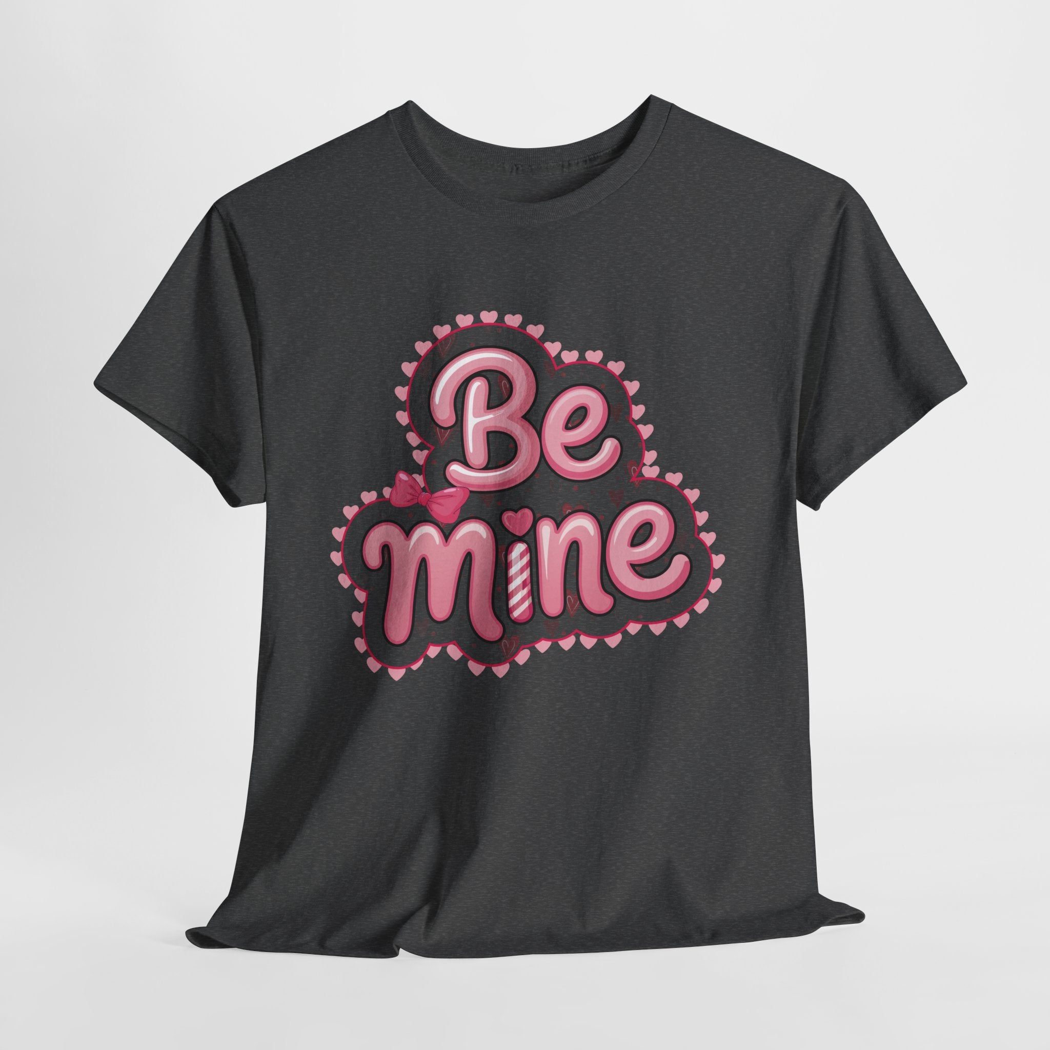 Be Mine Valentine T-Shirt — Pink Bubble Letters with Hearts & Bow..Unisex Cotton Tee