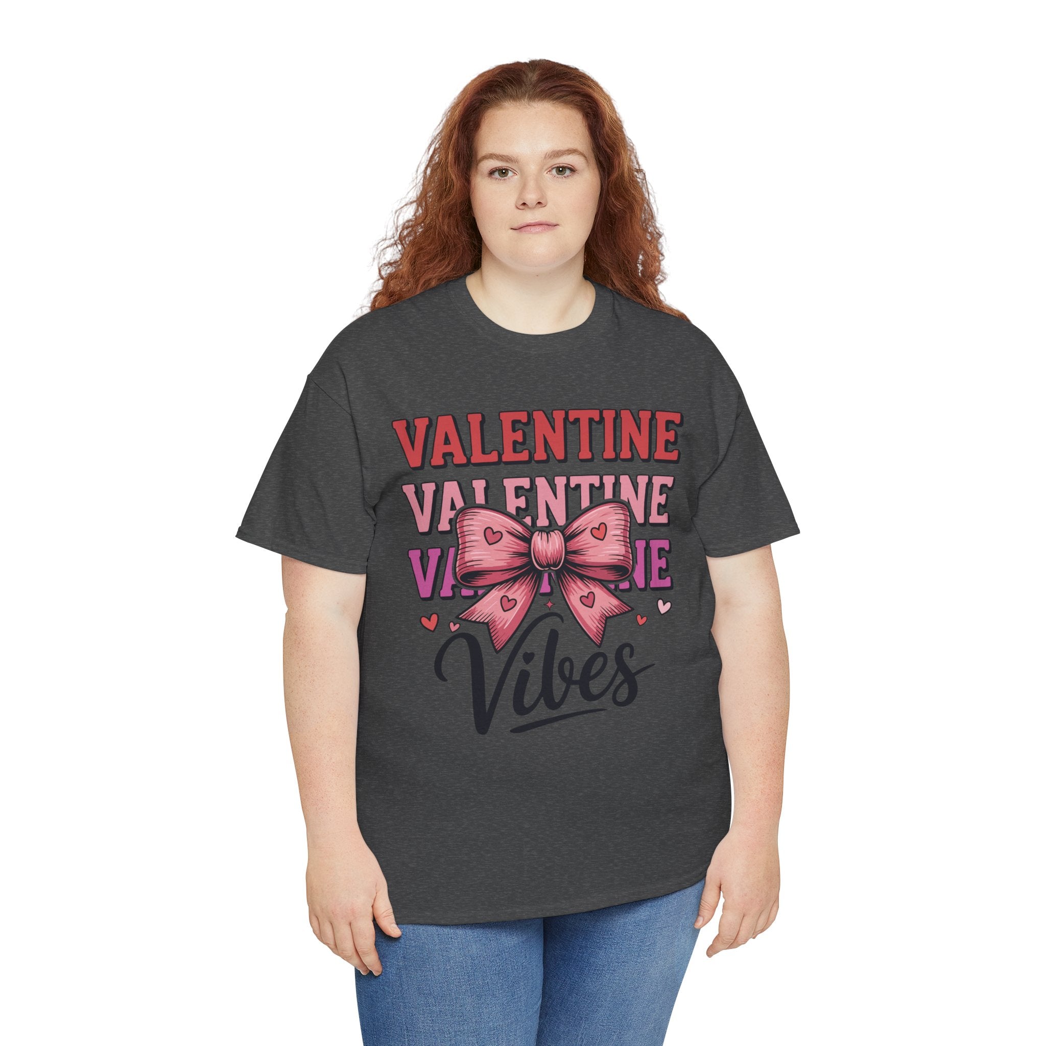 Valentine Vibes T-Shirt — Pink Bow Heart Graphic Unisex Cotton Tee