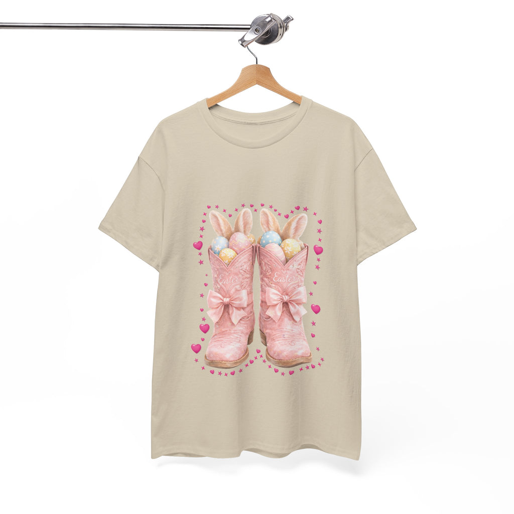 Easter Pink Western Boots Tee — Pastel Bunny Eggs & Bows Unisex Cotton Tee