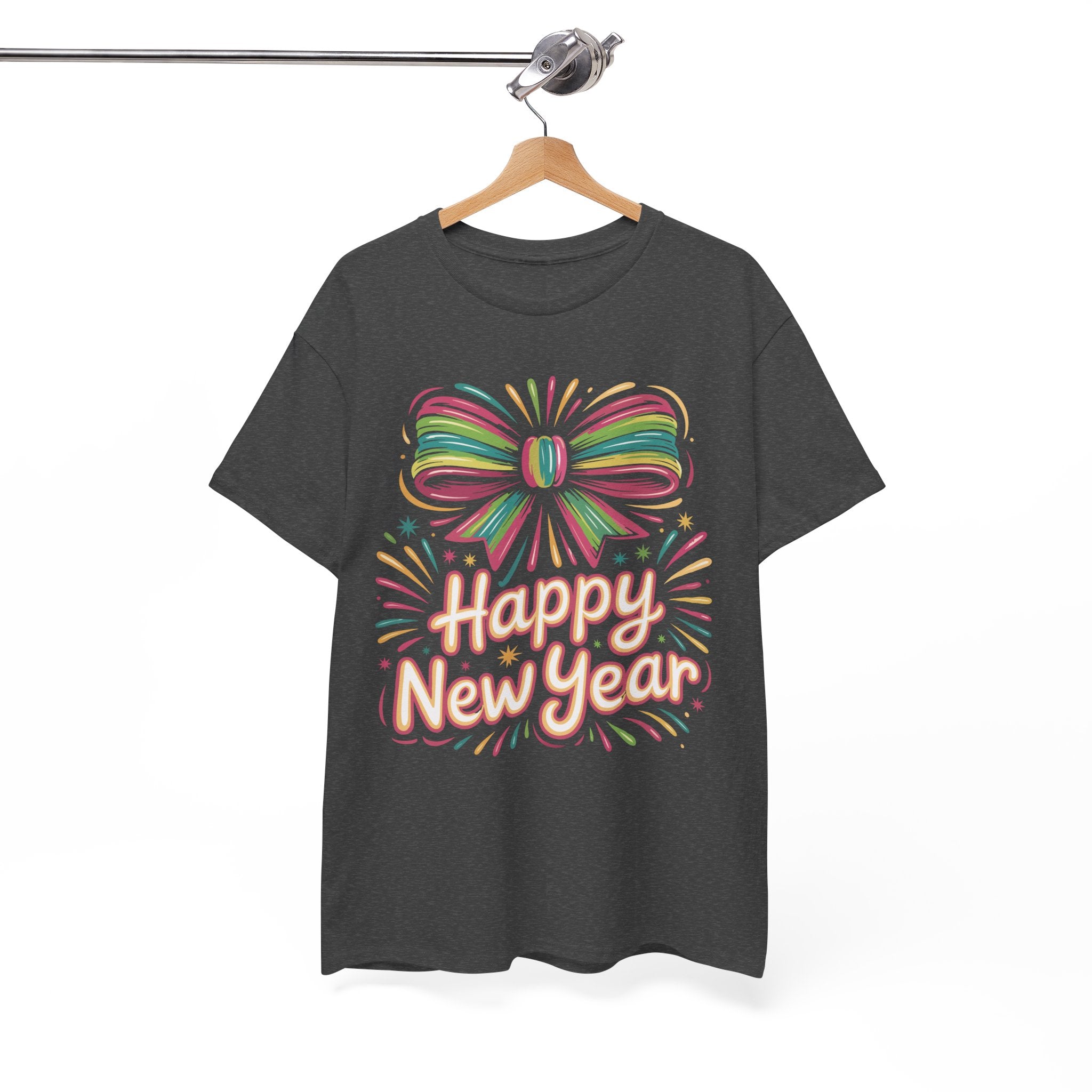 Happy New Year Pastel Tee — Rainbow Bow & Fireworks Celebration Unisex Cotton Tshirt