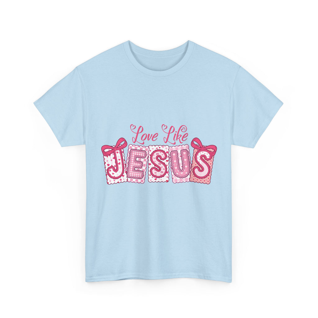 Love Like Jesus Patchwork Tee — Pink Stitched Heart Graphic.Unisex Cotton Tee