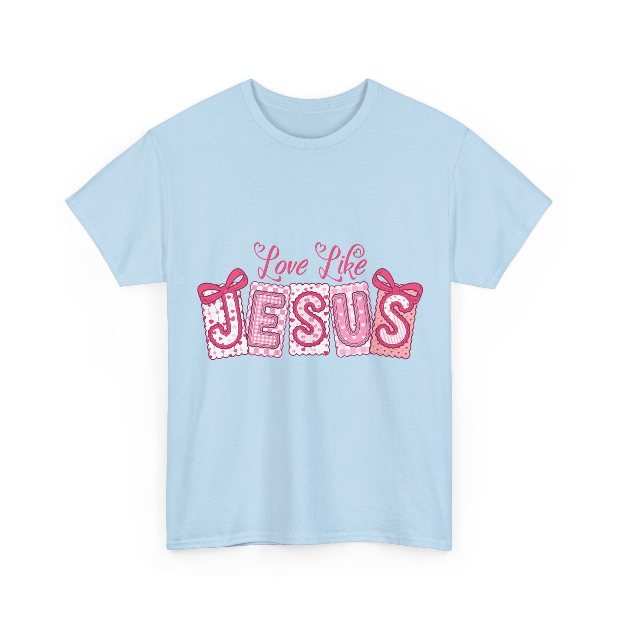 Love Like Jesus Patchwork Tee — Pink Stitched Heart Graphic.Unisex Cotton Tee