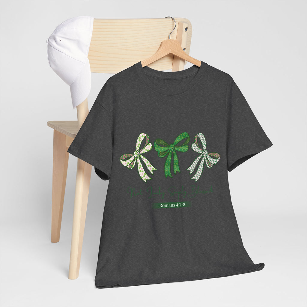 Not Lucky Simply Blessed Tee — Romans 4:7-8 Green Bow Christian Unisex Cotton T-Shirt
