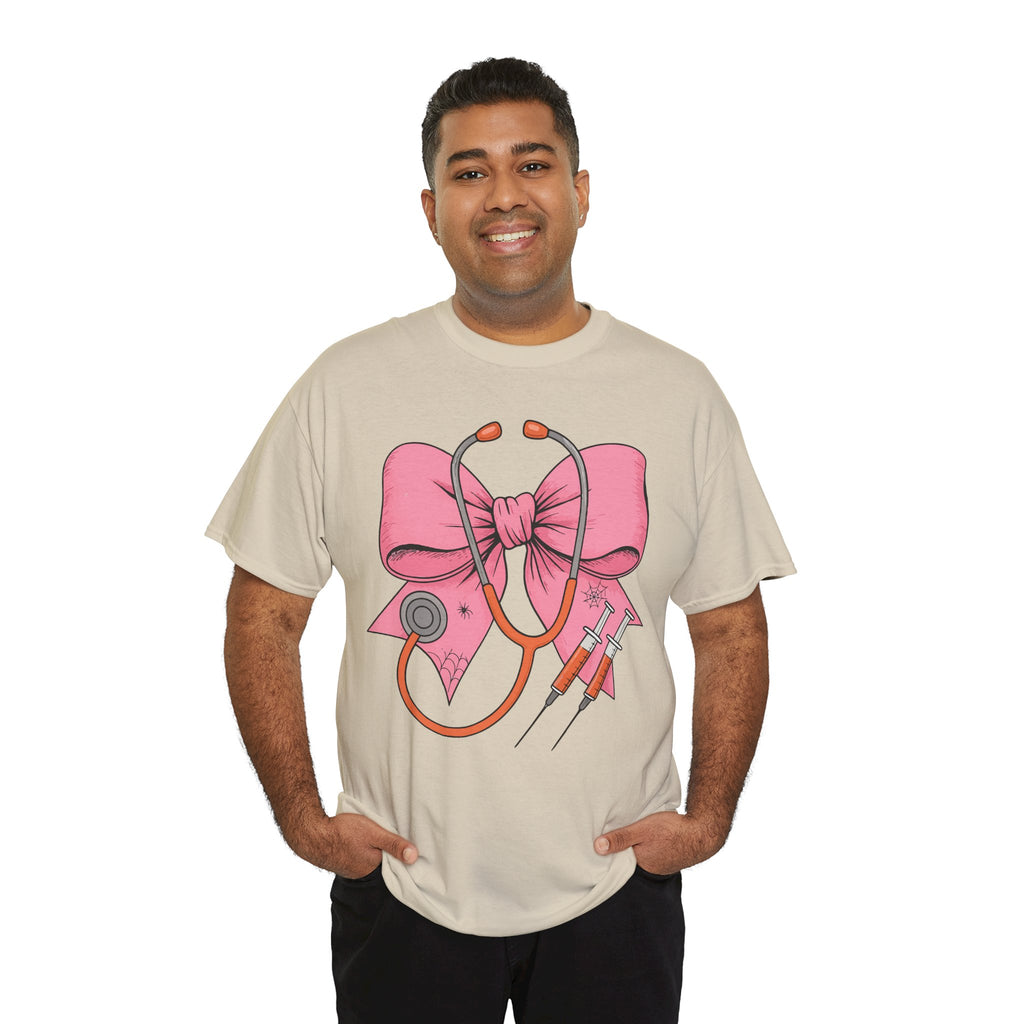 Halloween Nurse T‑Shirt — Pink Nurse Bow with Stethoscope, Syringes & Spider Webs..Unisex Cotton Tee