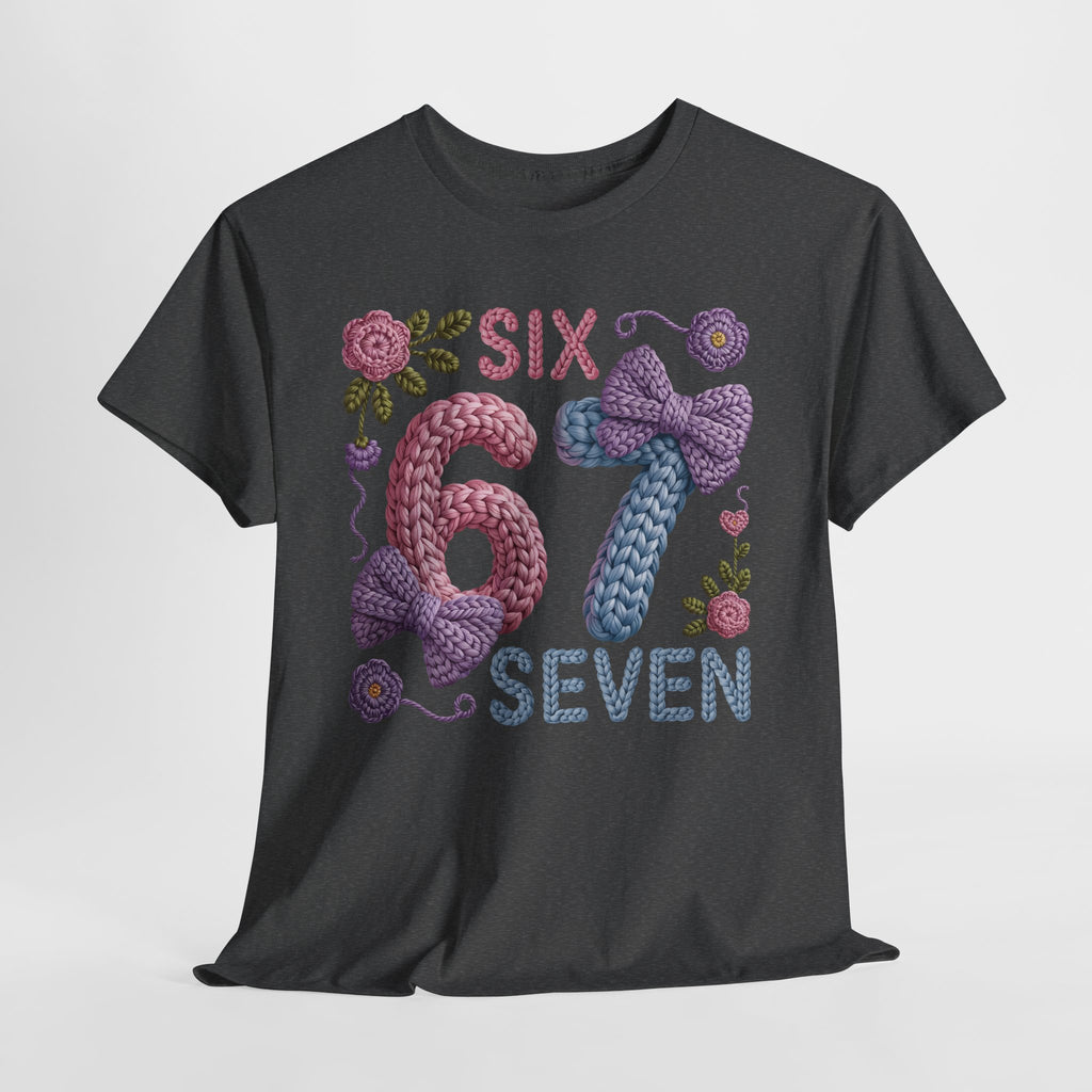 Pastel Crochet Numbers 6 & 7 Tee — Faux-Yarn Bows & Flowers. Unisex Cotton Tee