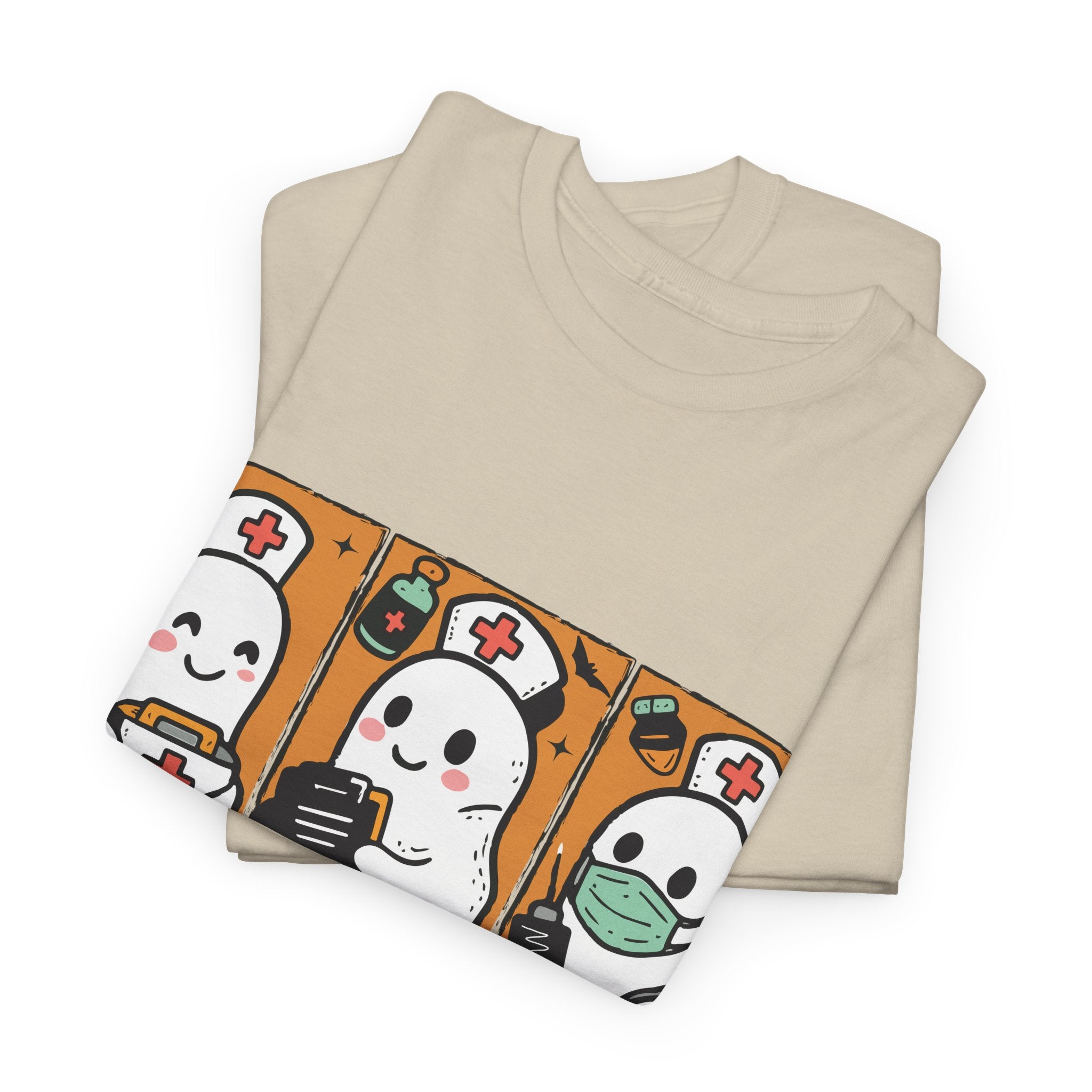 Halloween Nurse T-Shirt — Ghost Nurses Holding Medical Tools on Orange Unisec Cotton Tee