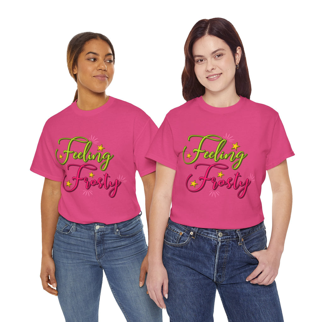 Feeling Frosty Holiday T-Shirt — Green & Pink Script Stars.Unisex Cotton Tee