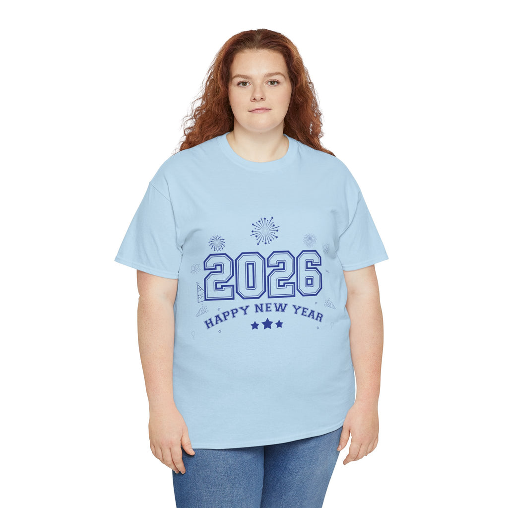 Happy New Year 2026 Varsity Tee — Fireworks & Confetti Celebration Unisex Cotton Tee