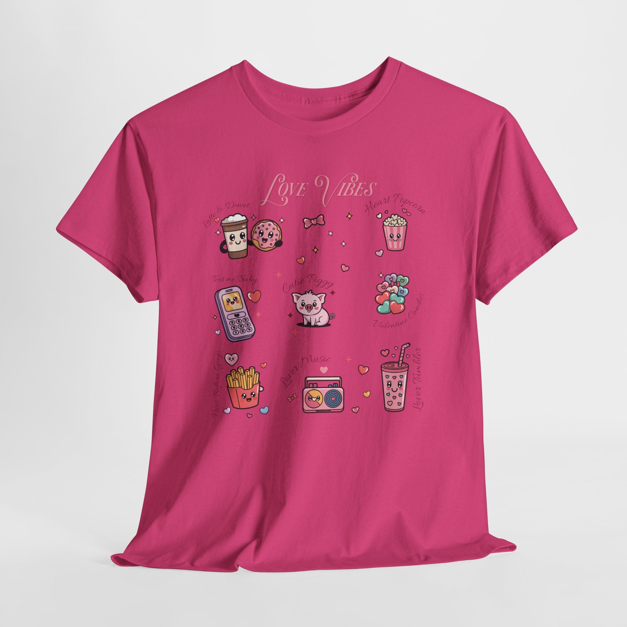 Love Vibes Kawaii Valentine T-Shirt — Cute Donut, Coffee & Piglet Design Unisex Cotton Tee