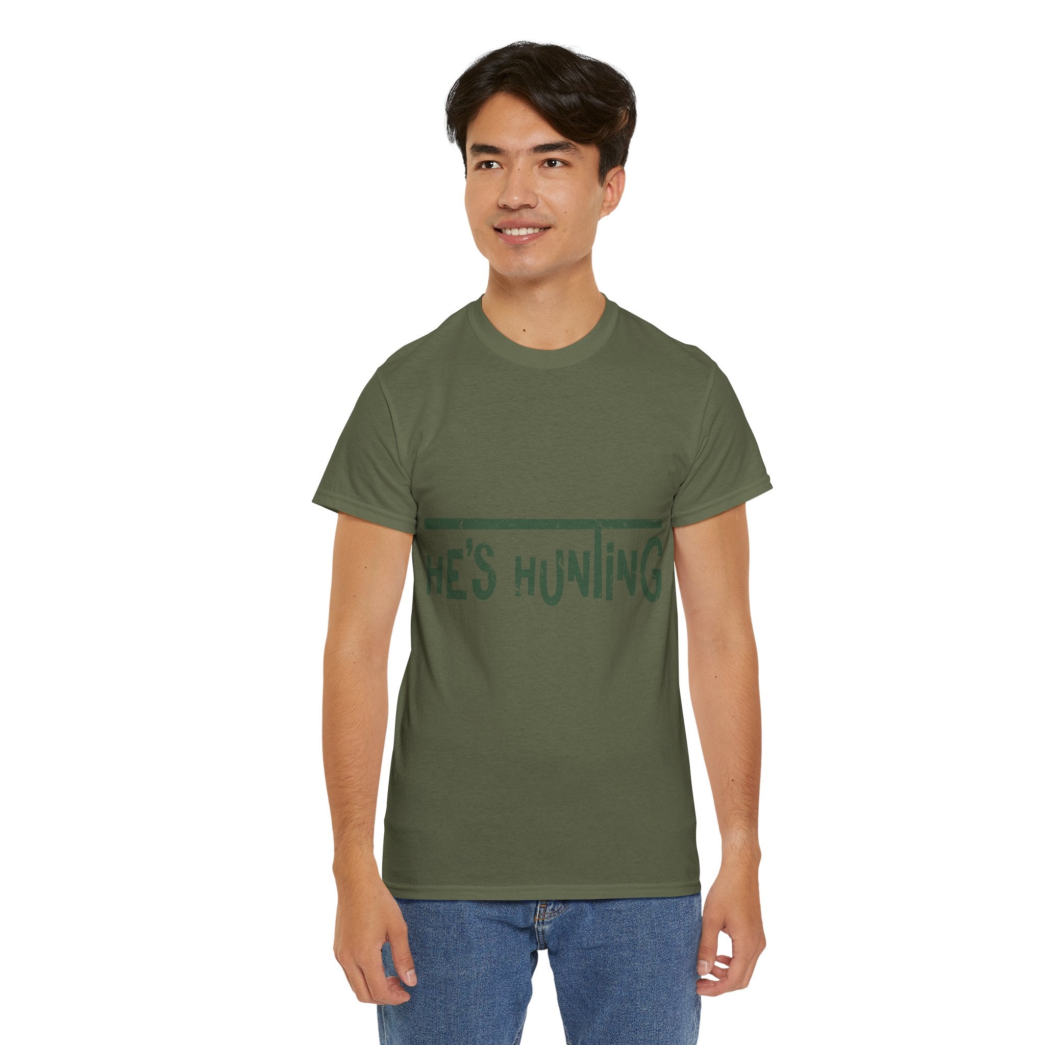 He’s Hunting Distressed Tee — Minimalist Tan Hunting Unisex Cotton Tshirt