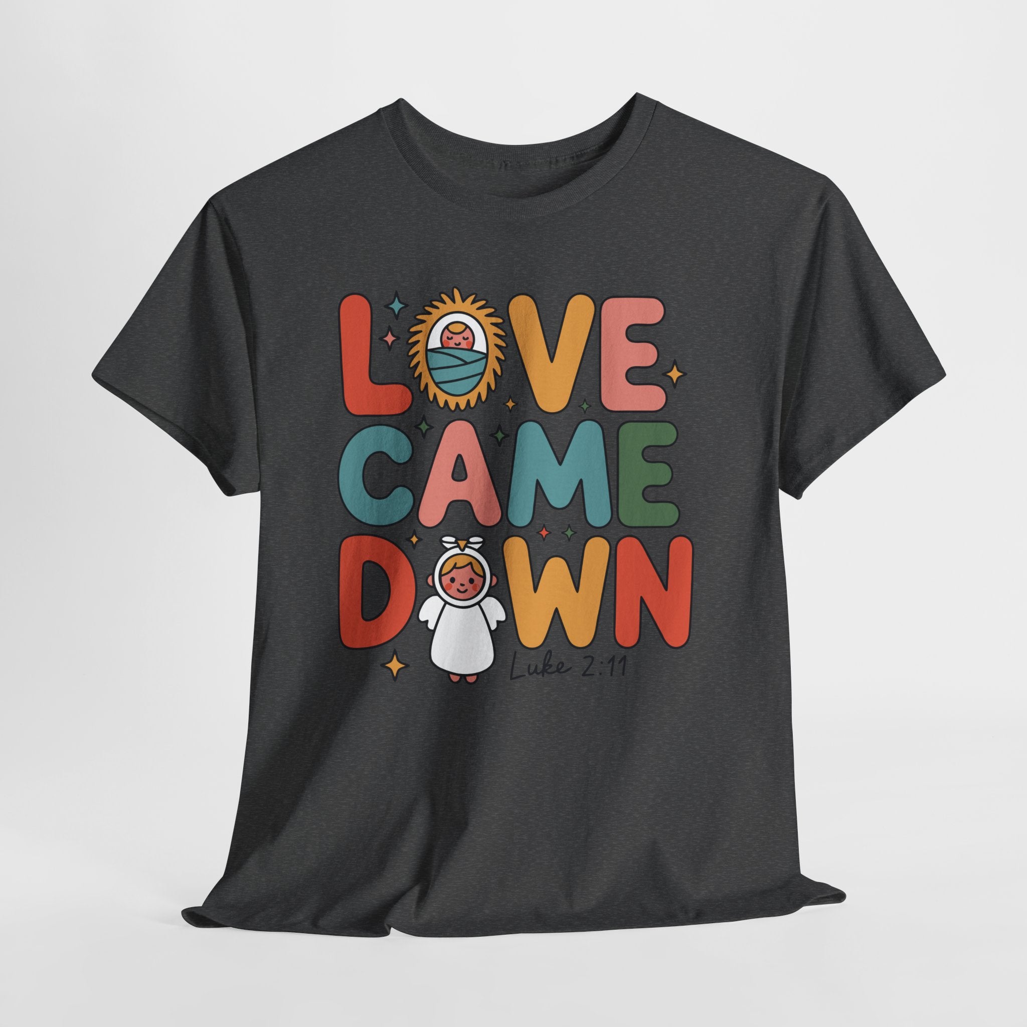 Love Came Down Christmas Tee — Baby Jesus Manger Angel (Luke 2:11)..Unisex Cotton Tee