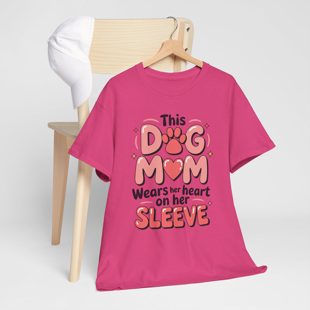 Dog Mom T-Shirt — "This Dog Mom Wears Her Heart on Her Sleeve" Paw & Heart Unisex Cotton Tee