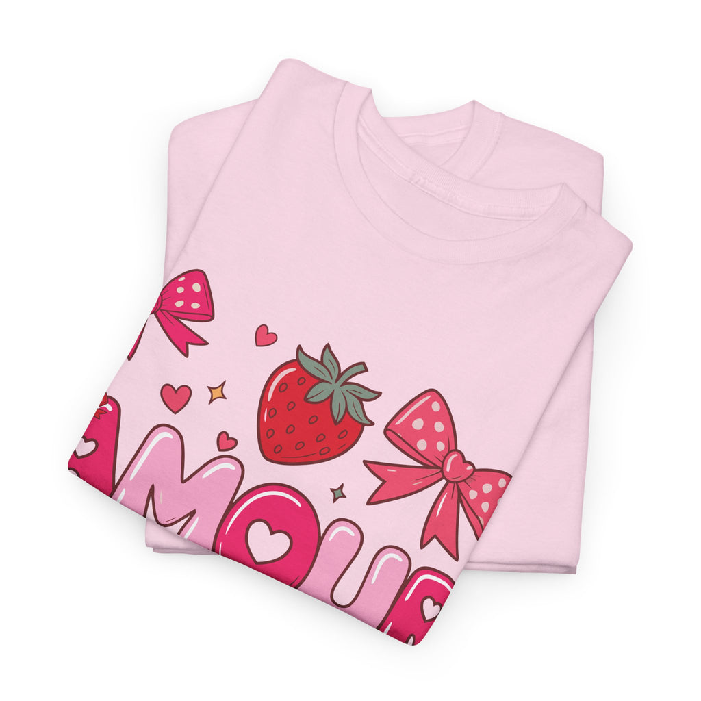 Amour Pink Hearts Tee — Shiny Lettering with Bows, Cherries & Strawberry Accent...Unisex Cotton Tee