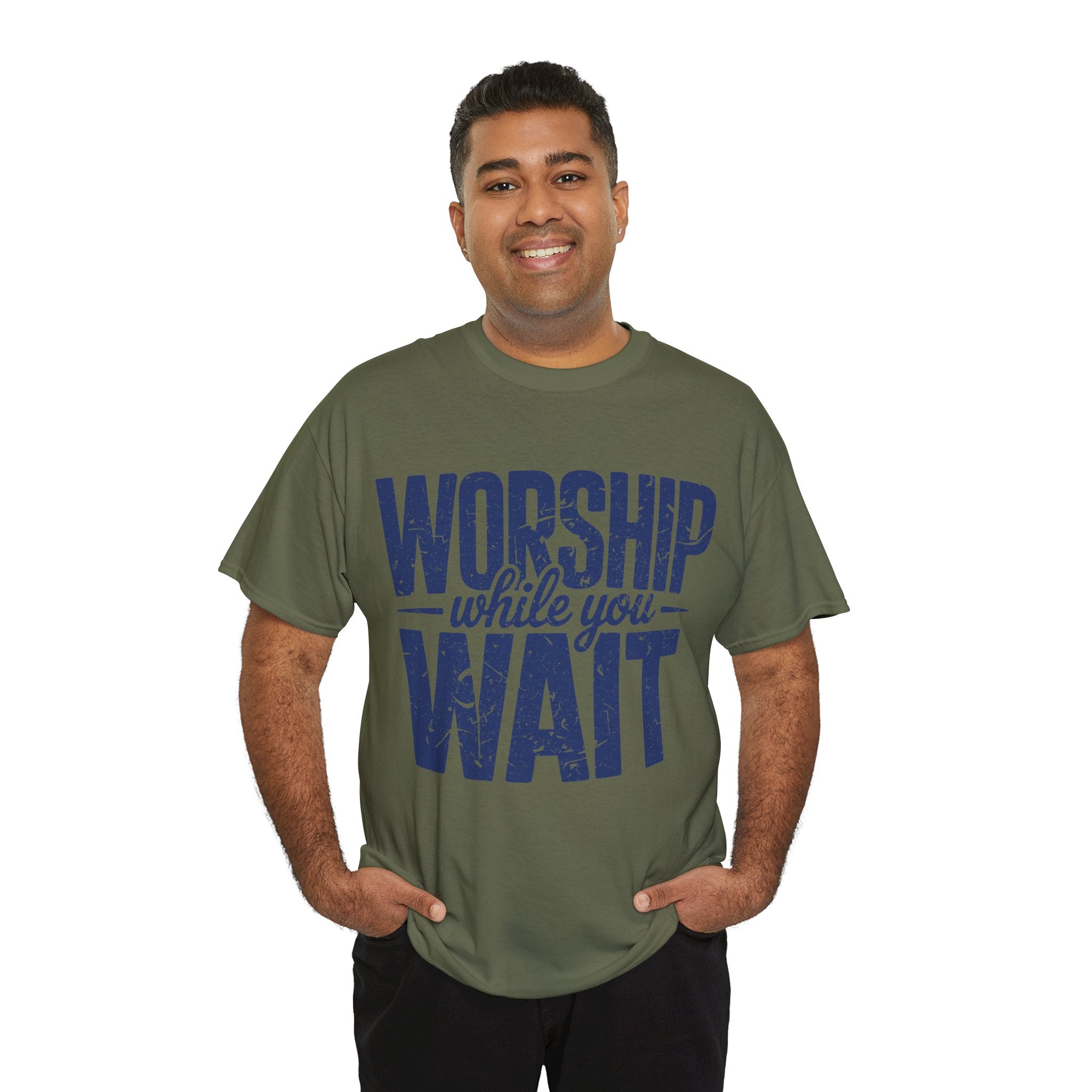 Worship While You Wait T‑Shirt — Distressed Pastel Blue Faith Unisex Cotton Tee