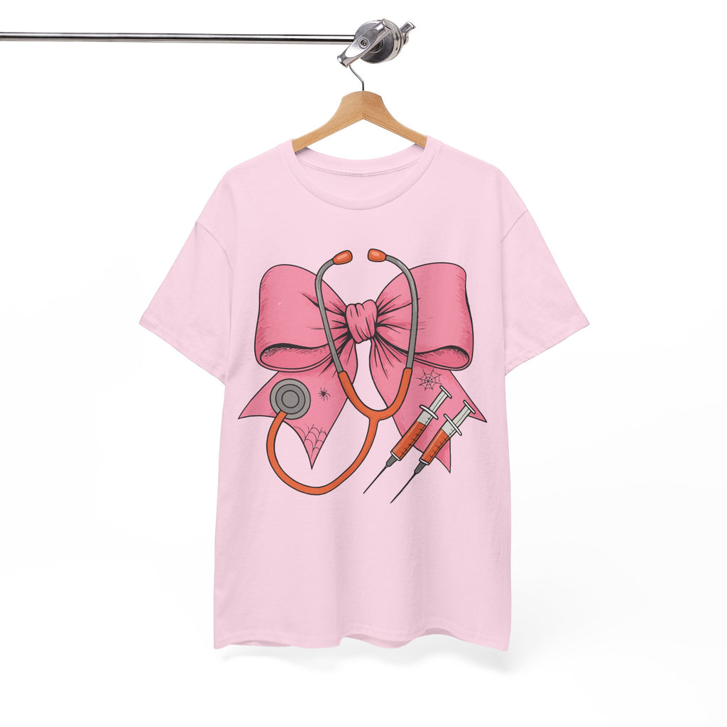 Halloween Nurse T‑Shirt — Pink Nurse Bow with Stethoscope, Syringes & Spider Webs..Unisex Cotton Tee