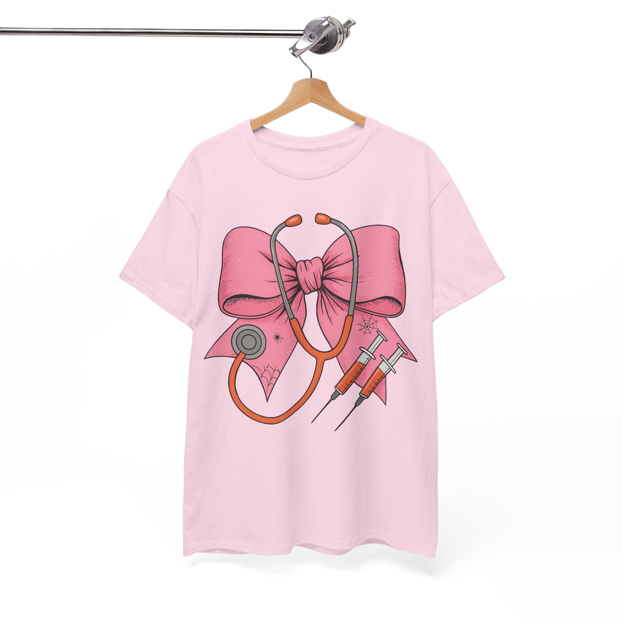 Halloween Nurse T‑Shirt — Pink Nurse Bow with Stethoscope, Syringes & Spider Webs..Unisex Cotton Tee