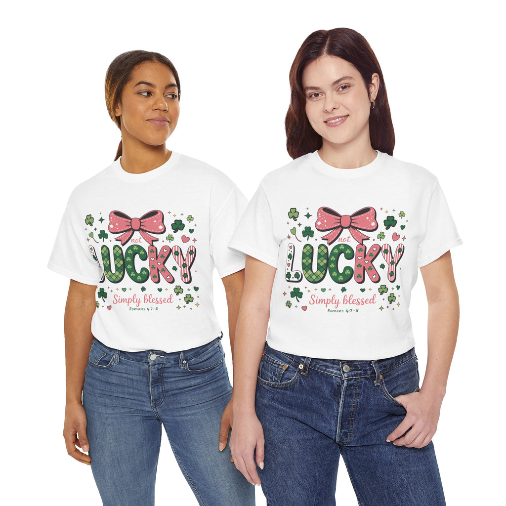 Simply Blessed Tee — “Not Lucky, Simply Blessed” with Pastel Bow, Clovers & Romans 4:7-8 Unisex Cotton Tee