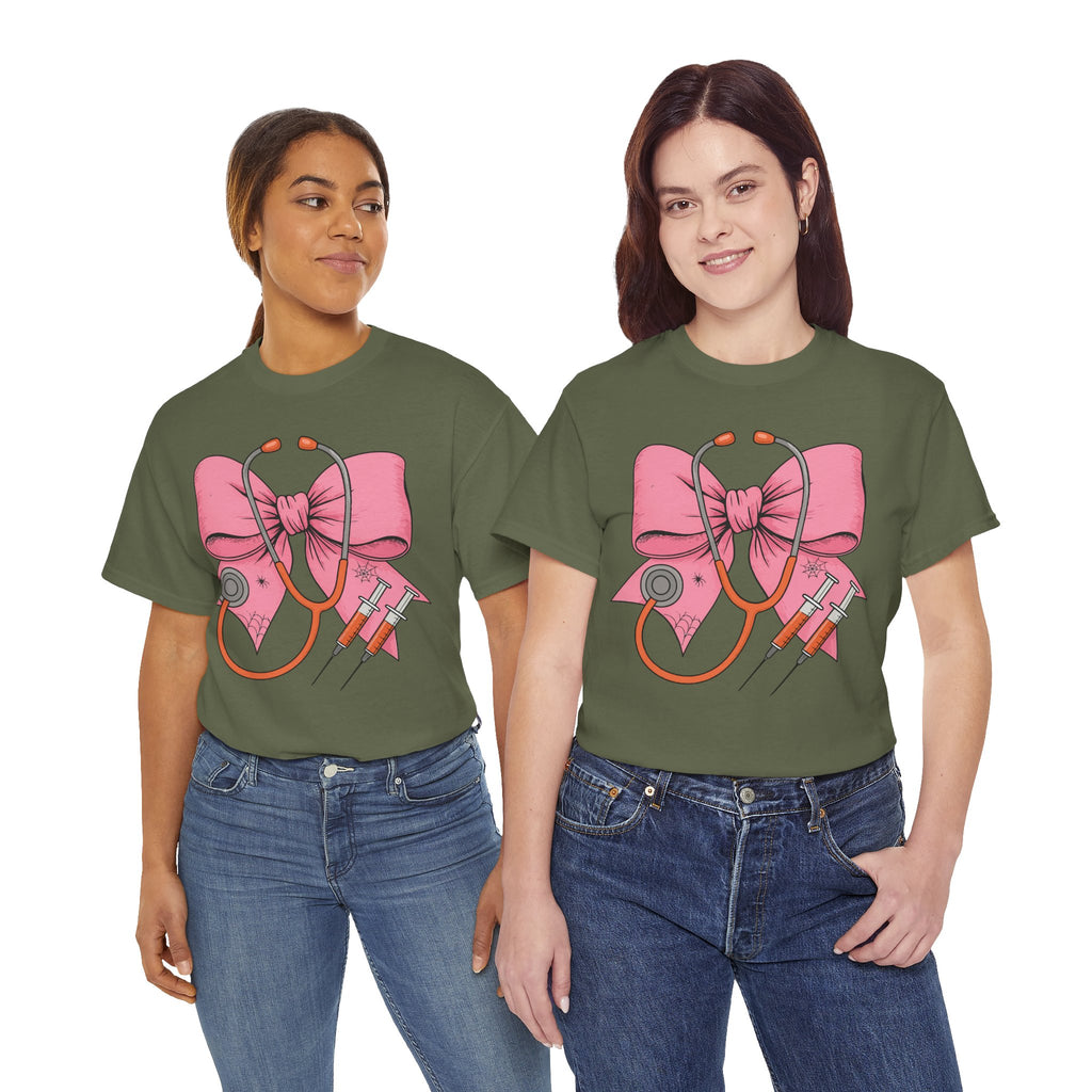 Halloween Nurse T‑Shirt — Pink Nurse Bow with Stethoscope, Syringes & Spider Webs..Unisex Cotton Tee