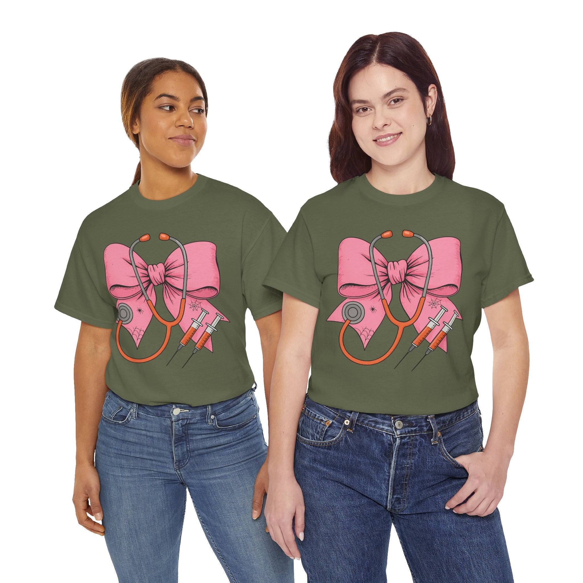 Halloween Nurse T‑Shirt — Pink Nurse Bow with Stethoscope, Syringes & Spider Webs..Unisex Cotton Tee