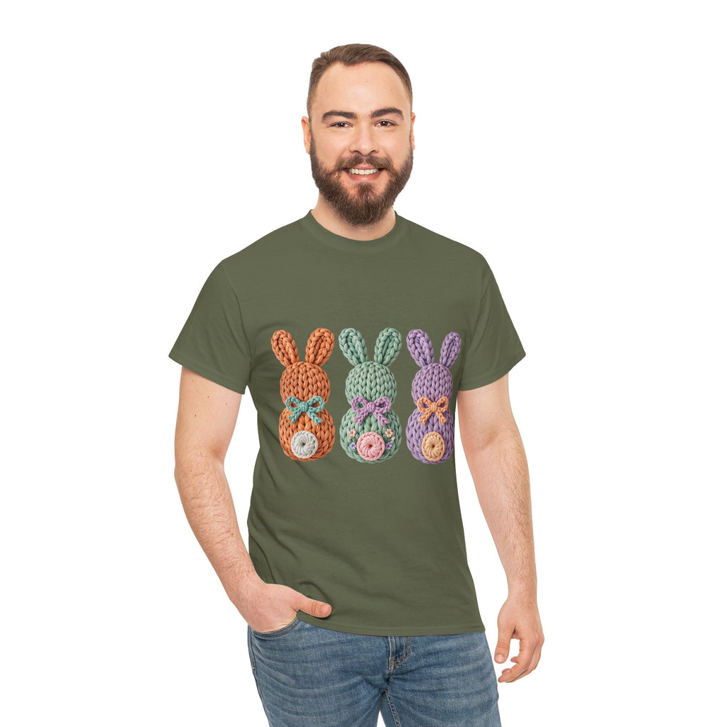 Pastel Crochet Bunny Tee — Trio of Faux Knit Bunnies with Bows & Flowers Unisex Cotton Tee
