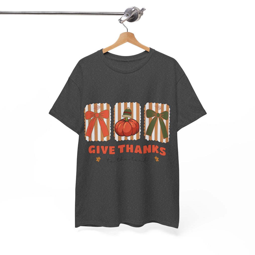 Give Thanks Thanksgiving T-Shirt — Pumpkin with Hat & Bows Unisex Cotton Tee