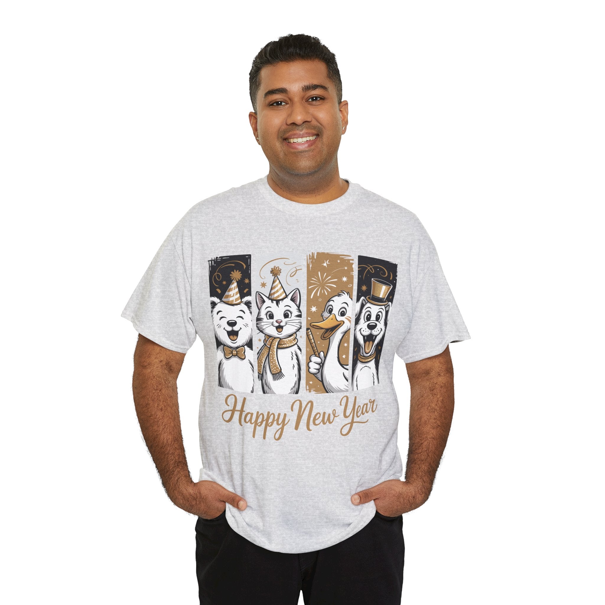 Happy New Year Party Animals T-Shirt — Cute Smiling Animals in Party Hats & Gold Fireworks..Unisex Cotton Tee