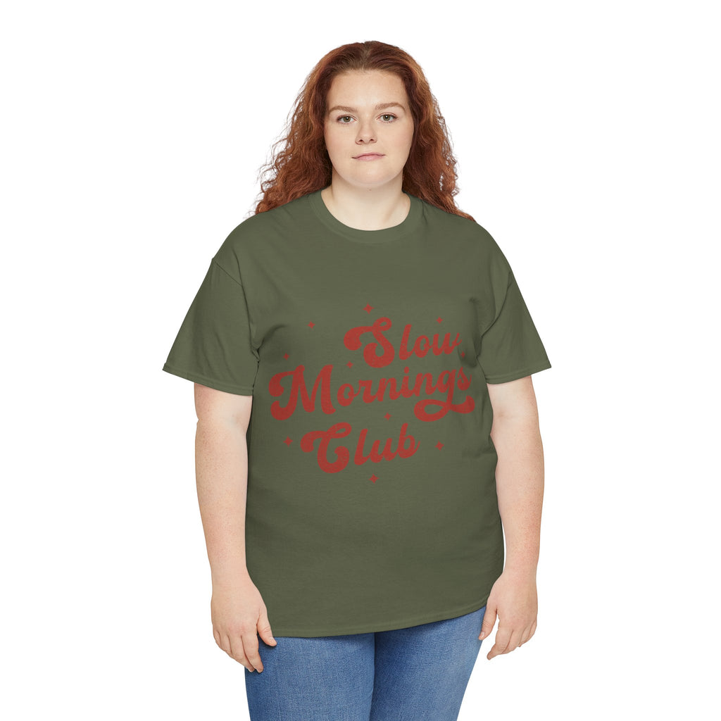 Slow Mornings Club T-Shirt — Retro Red Sparkle Unisex Cotton Tee