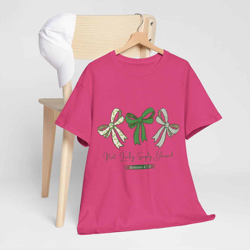 Not Lucky Simply Blessed Tee — Romans 4:7-8 Green Bow Christian Unisex Cotton T-Shirt