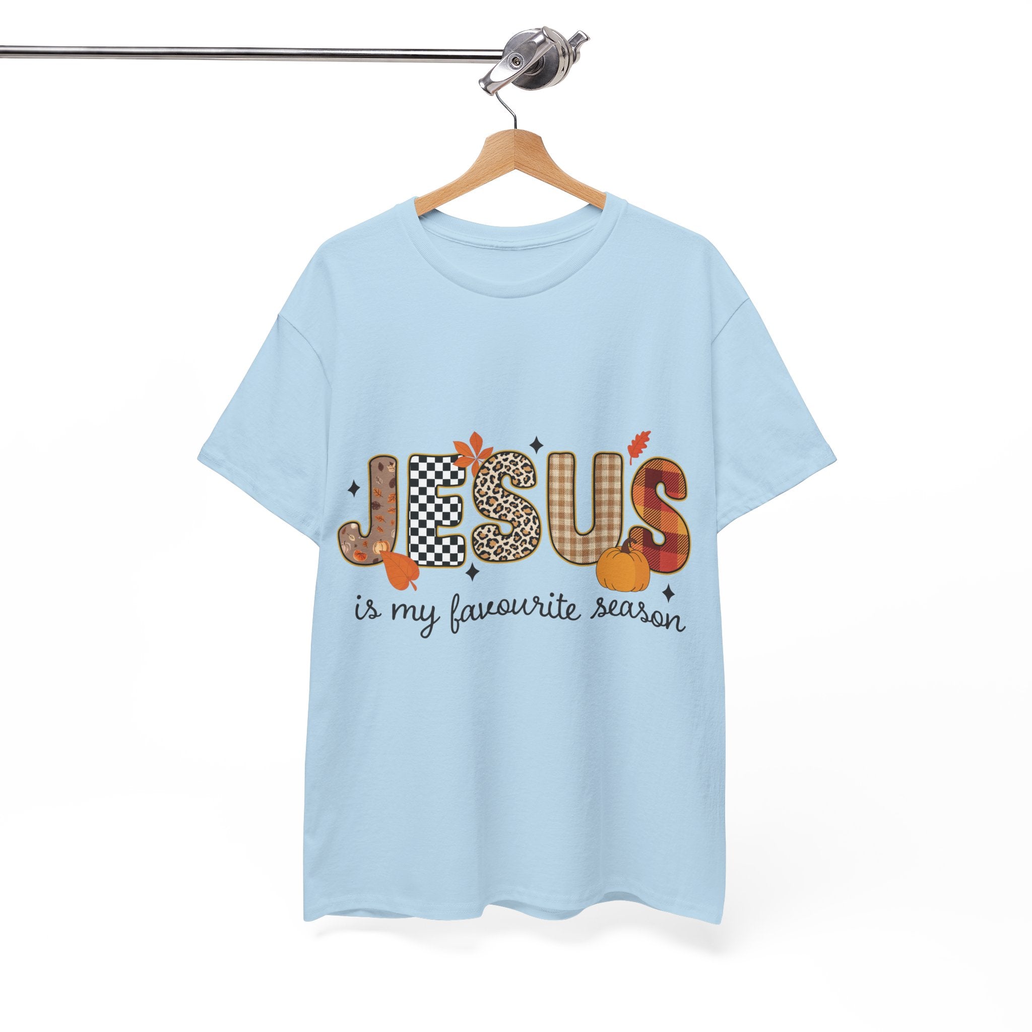 Jesus Is My Favorite Season Tee — Autumn Plaid & Leopard Lettering Unisex Cotton Tee