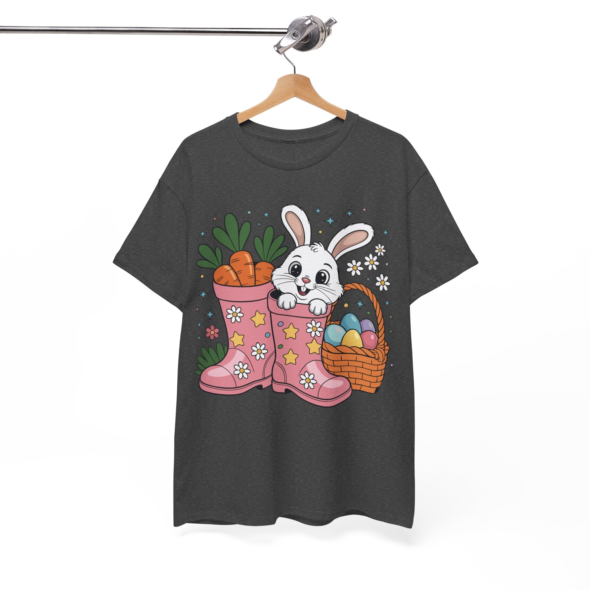 Easter Bunny in Pink Rain Boots T-Shirt — Cartoon Bunny, Carrots & Colorful Eggs Unisex Cotton Tee