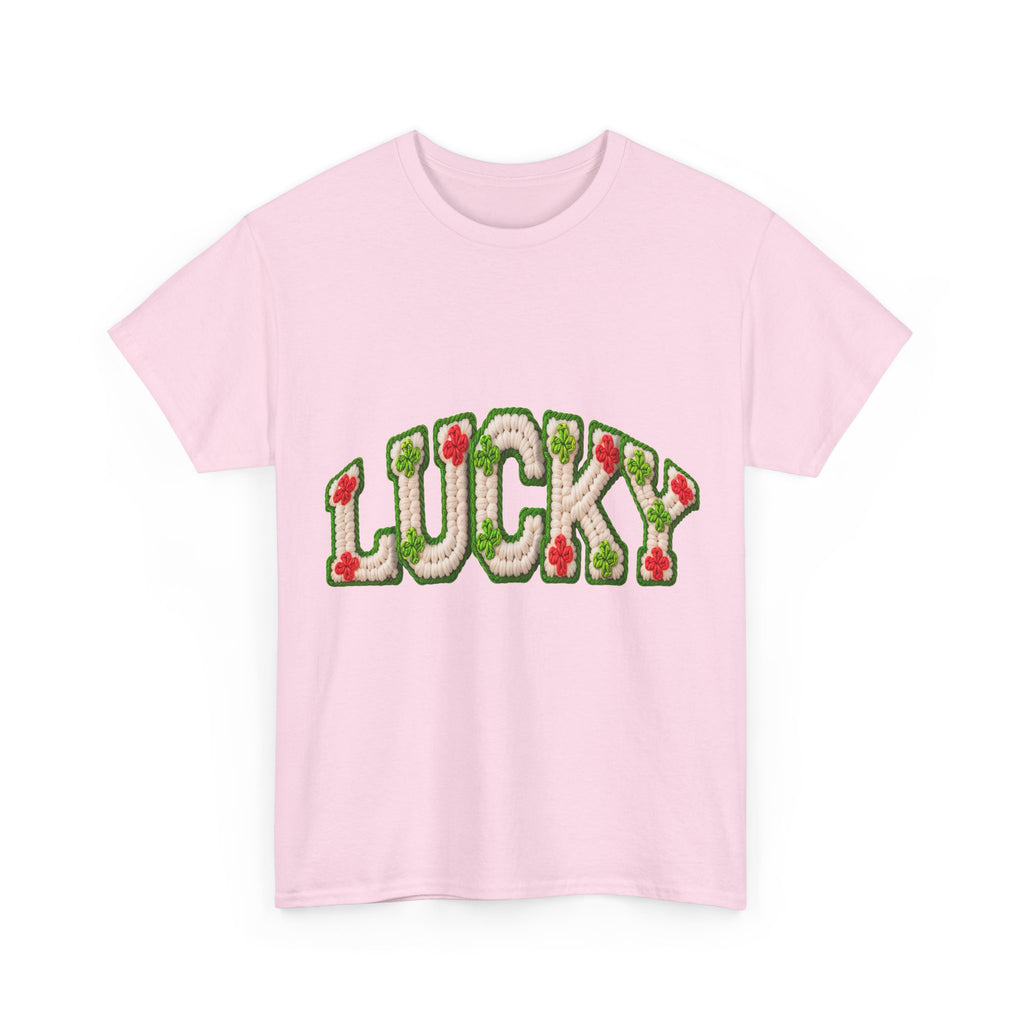 Lucky Crochet Clover T-Shirt — Faux-Yarn Embroidered St. Patrick’s Unisex Cotton Tee