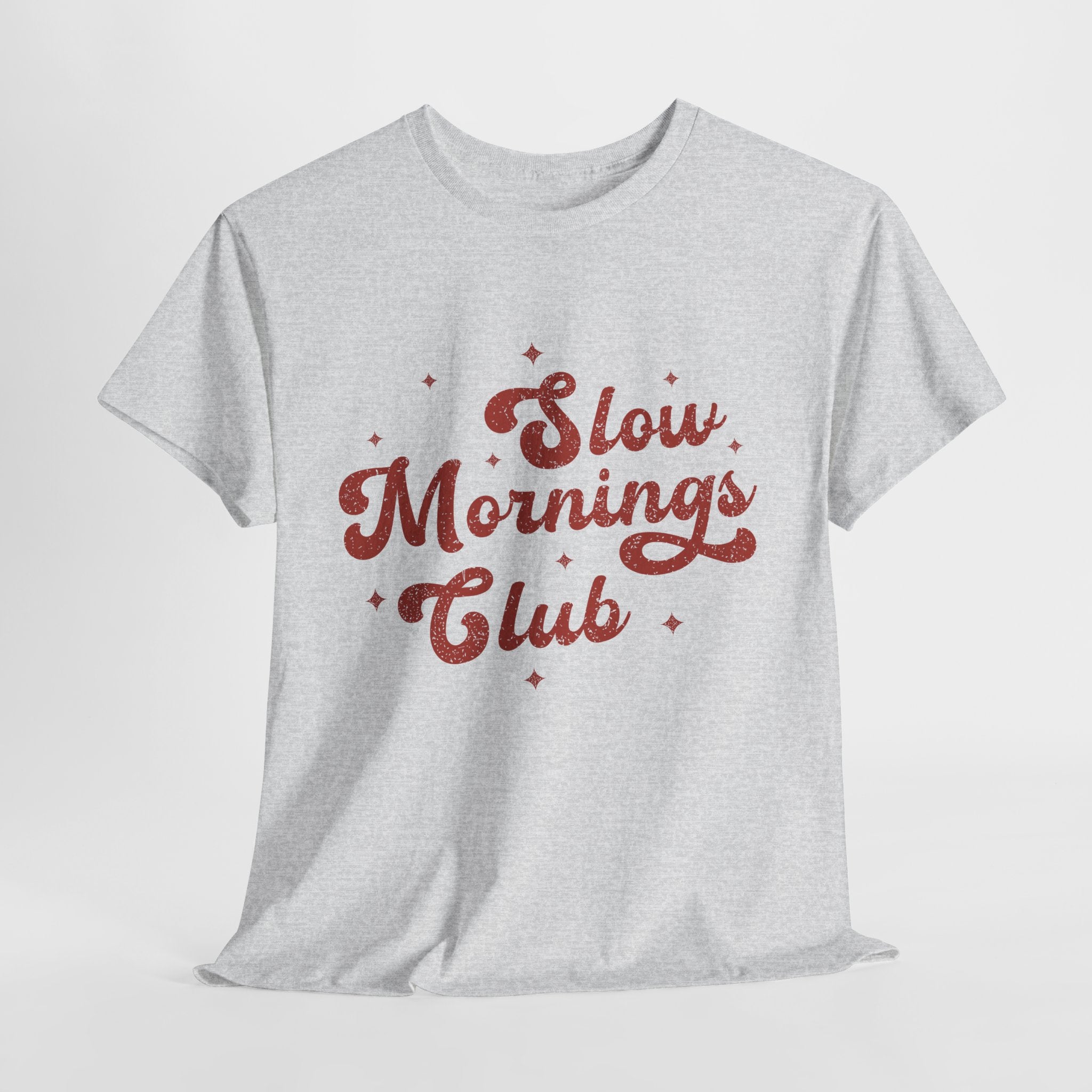 Slow Mornings Club T-Shirt — Retro Red Sparkle Unisex Cotton Tee
