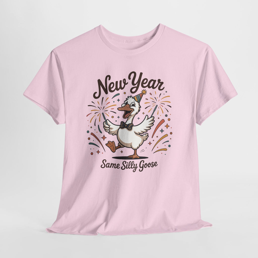 Happy Goose New Year T-Shirt — Party Hat, Fireworks & Confetti Unisex Cotton Tee