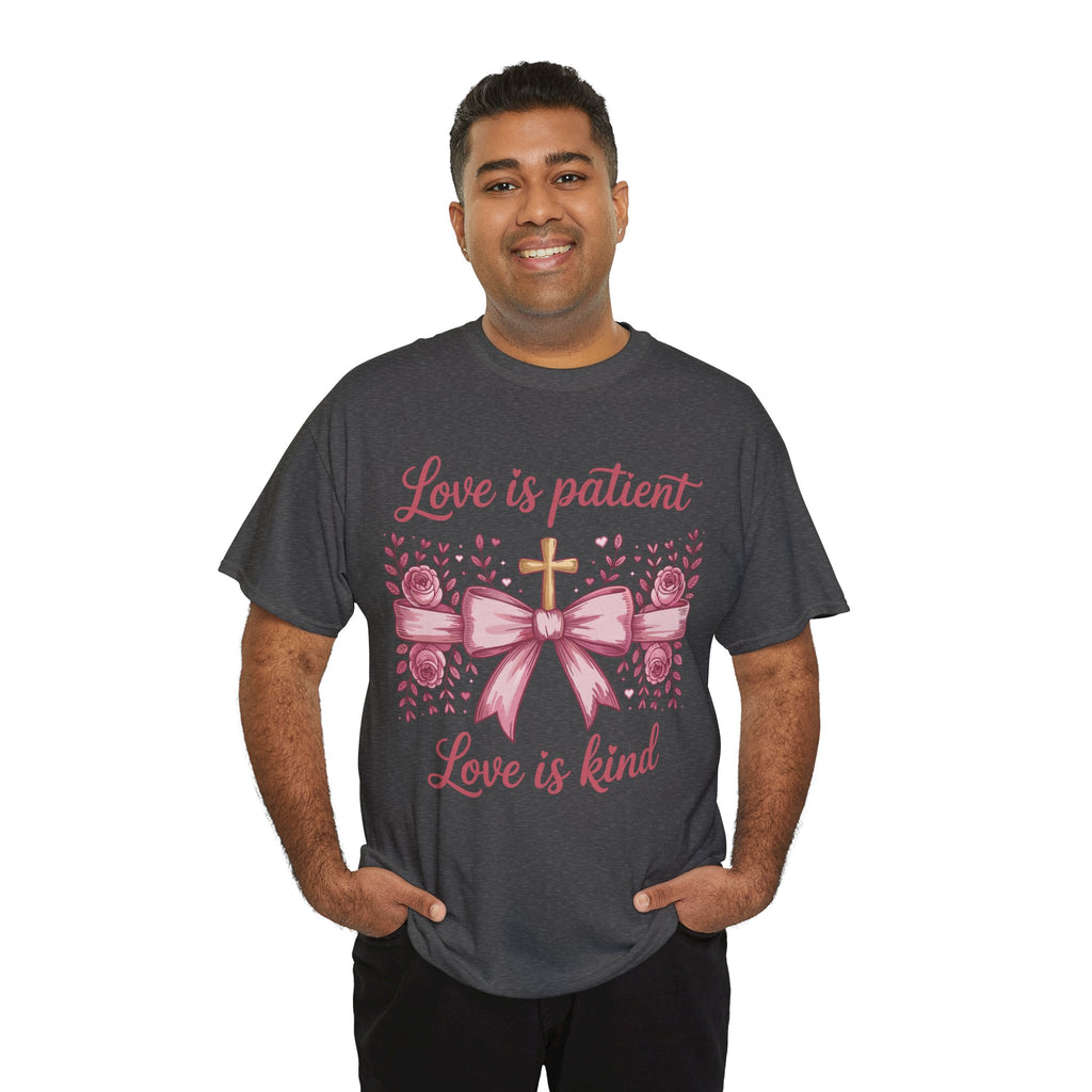 Christian Floral Tee — "Love is Patient, Love is Kind" Pink Rose Cross. Unisex Cotton Tee