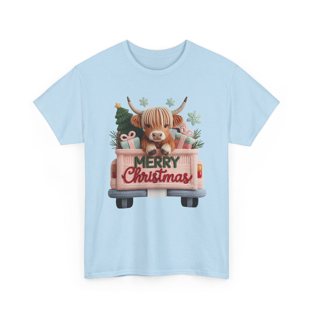 Merry Christmas Highland Cow Knit Truck Unisex Cotton T-Shirt