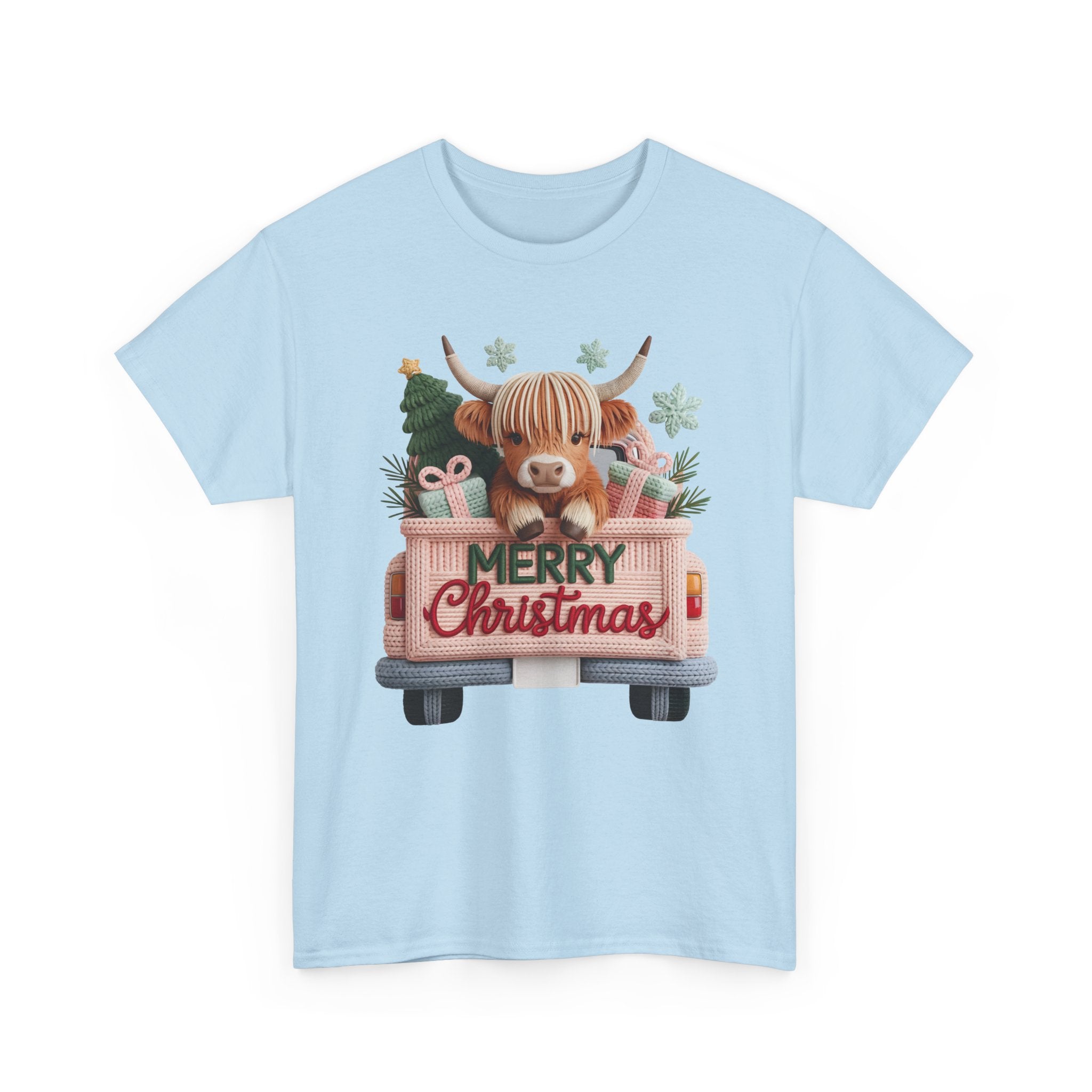 Merry Christmas Highland Cow Knit Truck Unisex Cotton T-Shirt