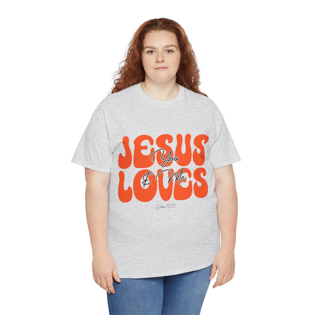 Jesus Loves You & Me Retro Tee — Playful Orange Bubbly Christian Unisex Cotton T-Shirt