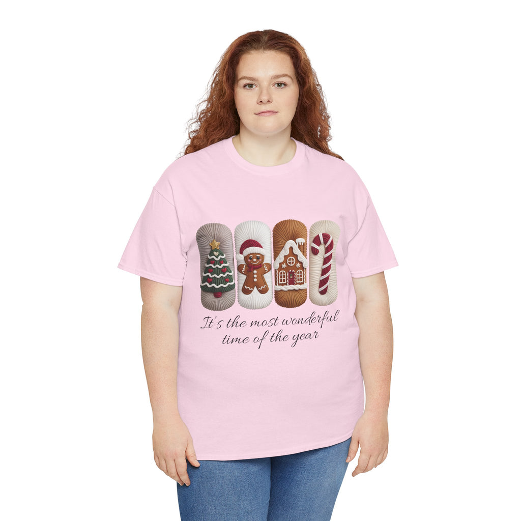 Christmas Faux-Yarn Tree Tee — Gingerbread House & Candy Cane Holiday Unisex Cotton T-Shirt