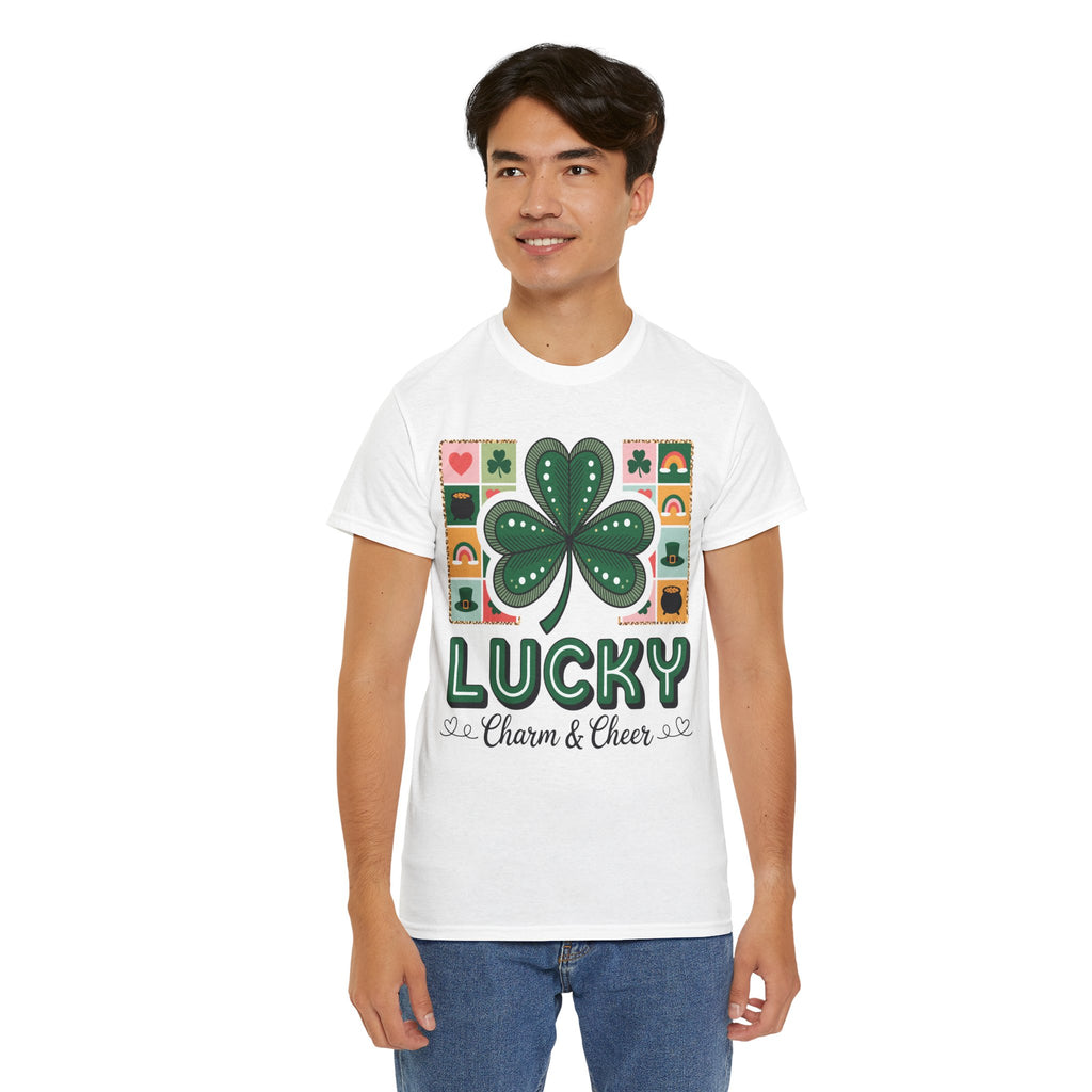 Lucky Charm & Cheer Clover Tee — Patchwork St. Patrick’s Day Unisex Cotton T-Shirt